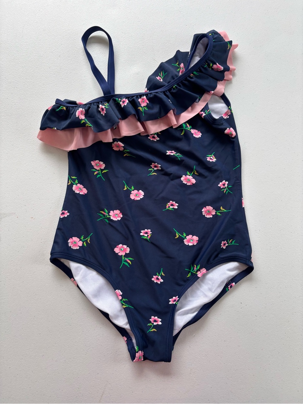 Kamik Navy One-Shoulder Floral Ruffle Swimsuit with Pink Accents